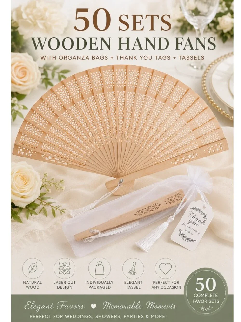 50 Wooden Hand Fans Wedding Party Favors w/ Organza Bags Thank You Tags Tassels